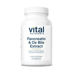 Vital Nutrients Pancreatin & Ox Bile Extract bottle front shows product branding and packaging for meals