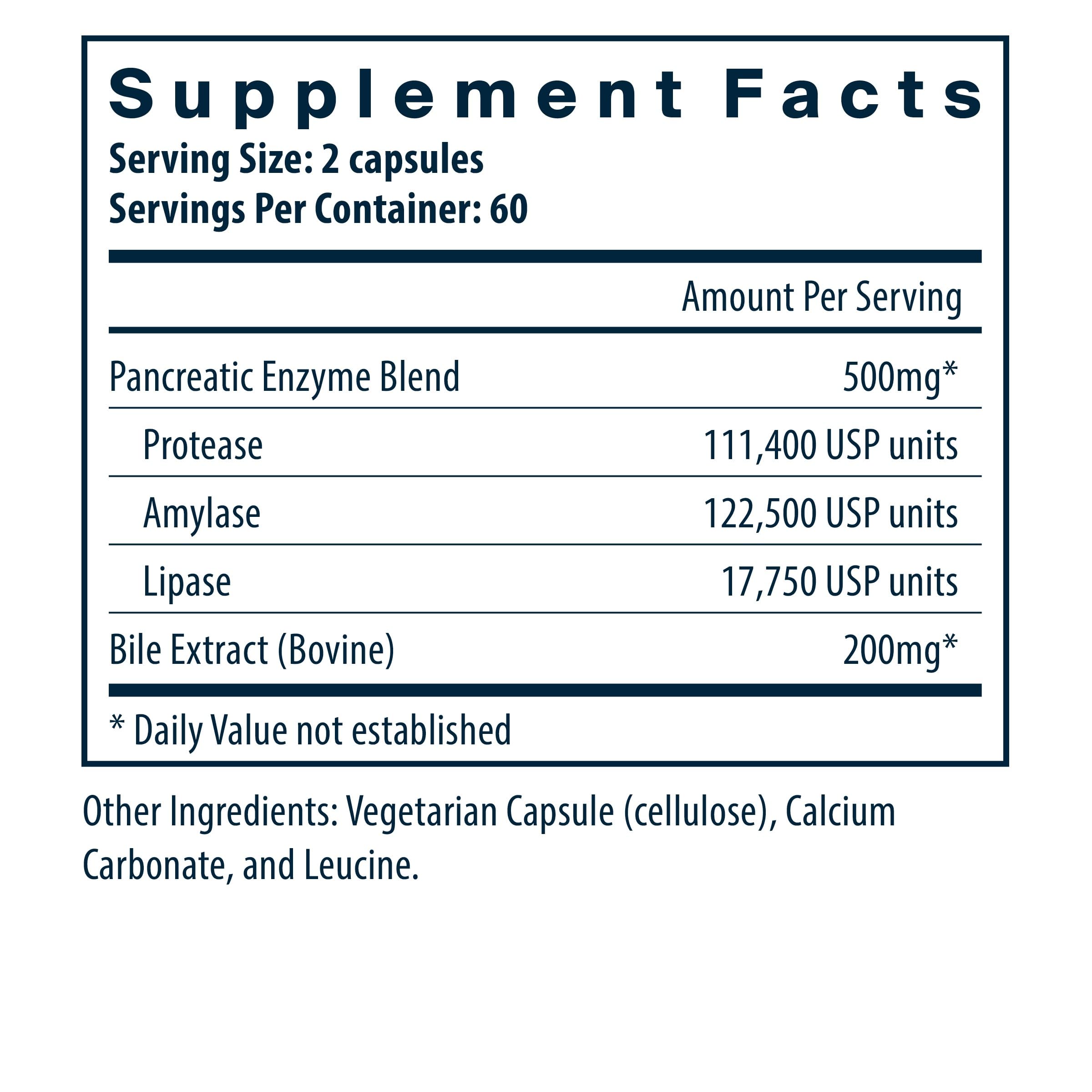 Vital Nutrients Pancreatin & Ox Bile Extract capsules closeup highlighting enzyme blend for digestion
