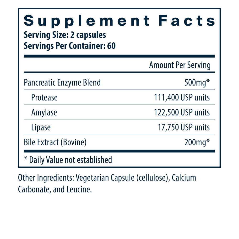 Vital Nutrients Pancreatin & Ox Bile Extract capsules closeup highlighting enzyme blend for digestion