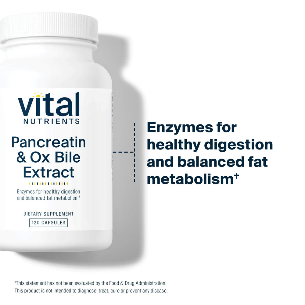 Vital Nutrients Pancreatin & Ox Bile Extract digestive enzymes packaging for easy dosing with meals