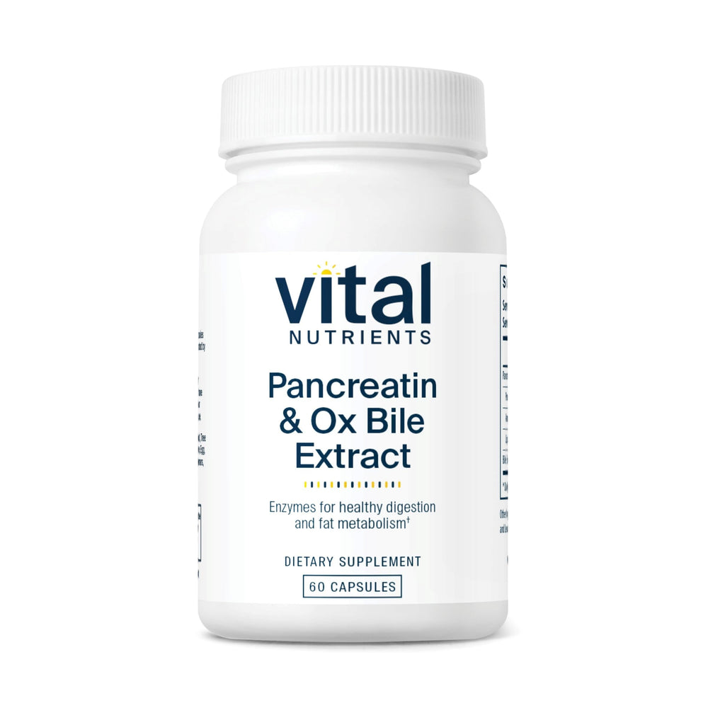 Vital Nutrients Pancreatin & Ox Bile bottle with a clear label for daily digestion