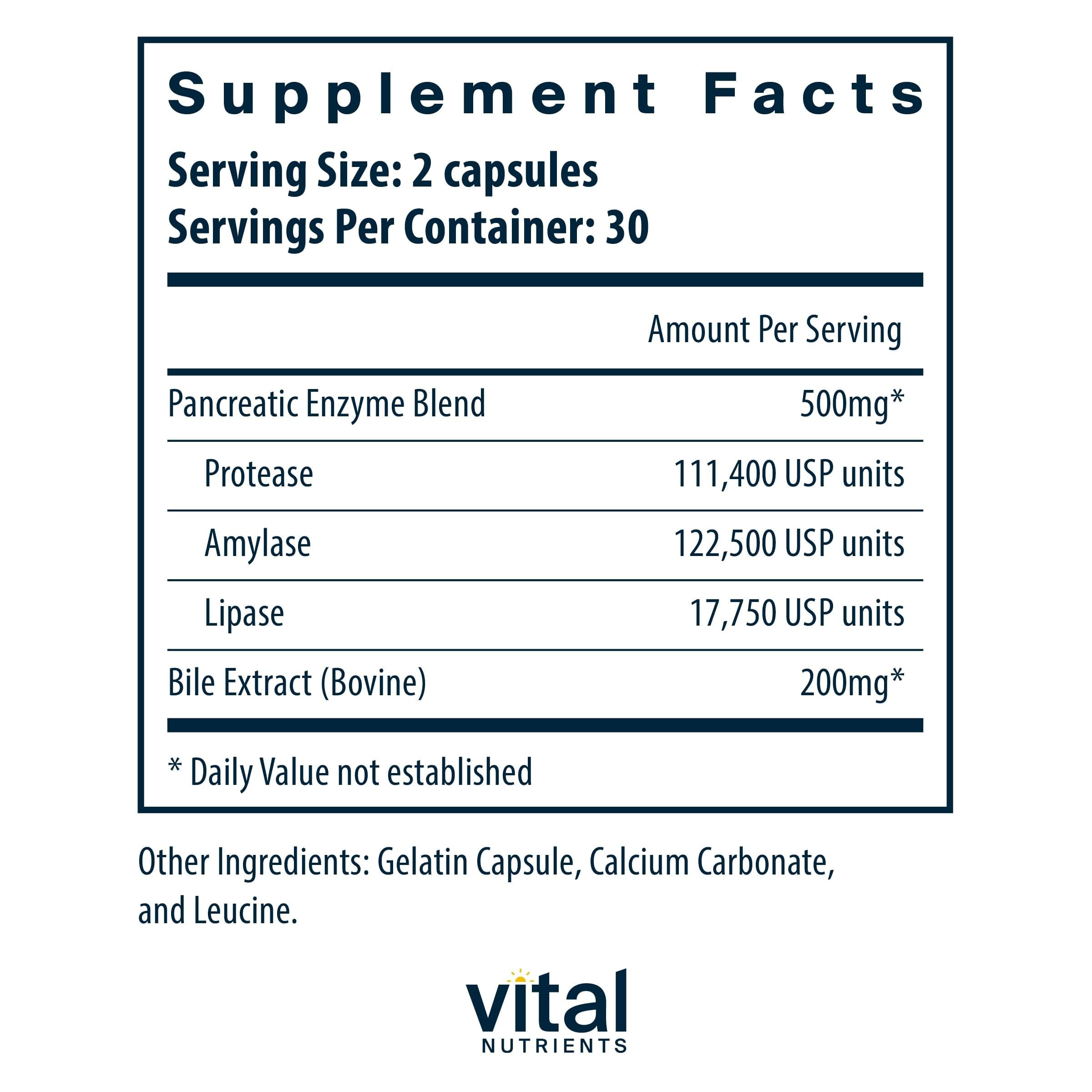Close-up of Vital Nutrients Pancreatin & Ox Bile capsules highlighting digestion potency