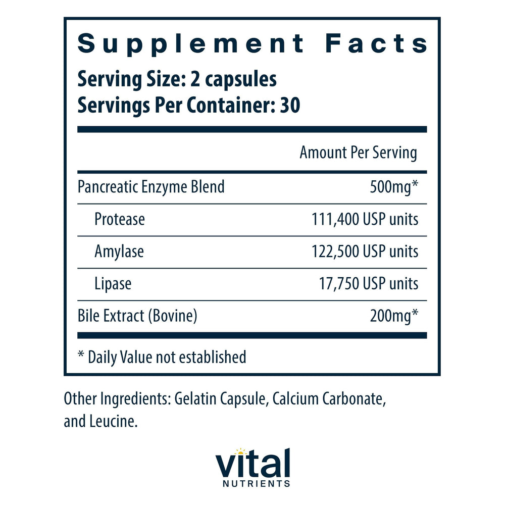 Close-up of Vital Nutrients Pancreatin & Ox Bile capsules highlighting digestion potency