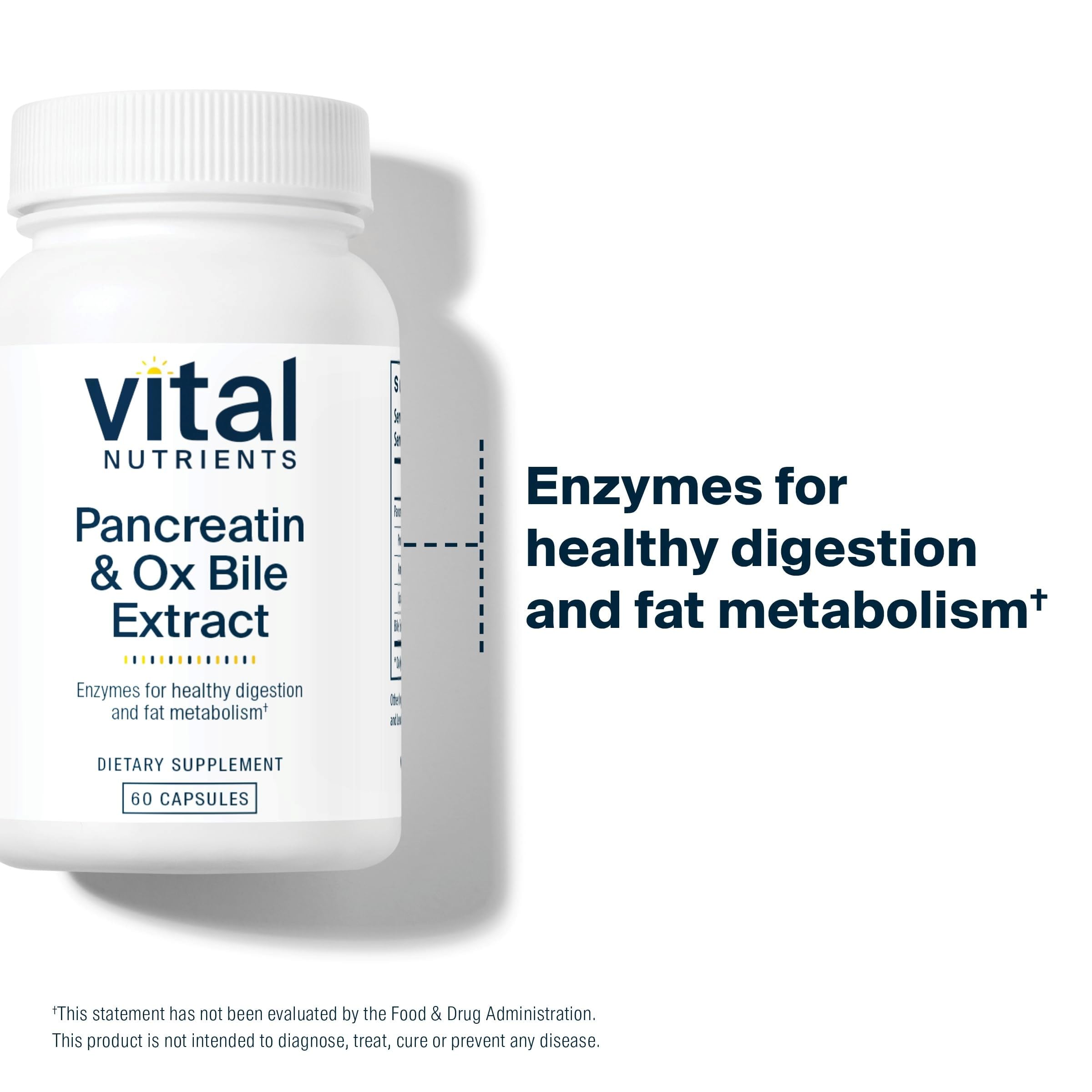Vital Nutrients Pancreatin & Ox Bile label emphasizing gluten-free and dairy-free formulation