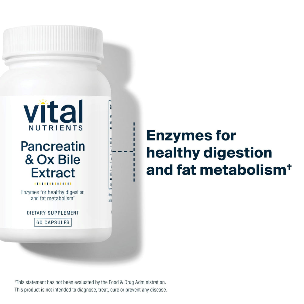 Vital Nutrients Pancreatin & Ox Bile label emphasizing gluten-free and dairy-free formulation