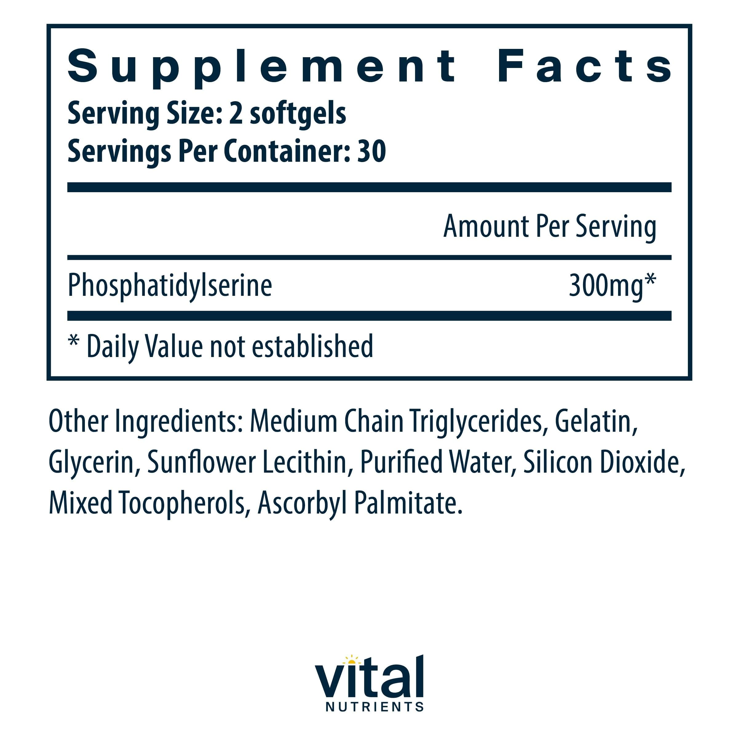 Vital Nutrients Phosphatidylserine bottle back showing ingredients for focus