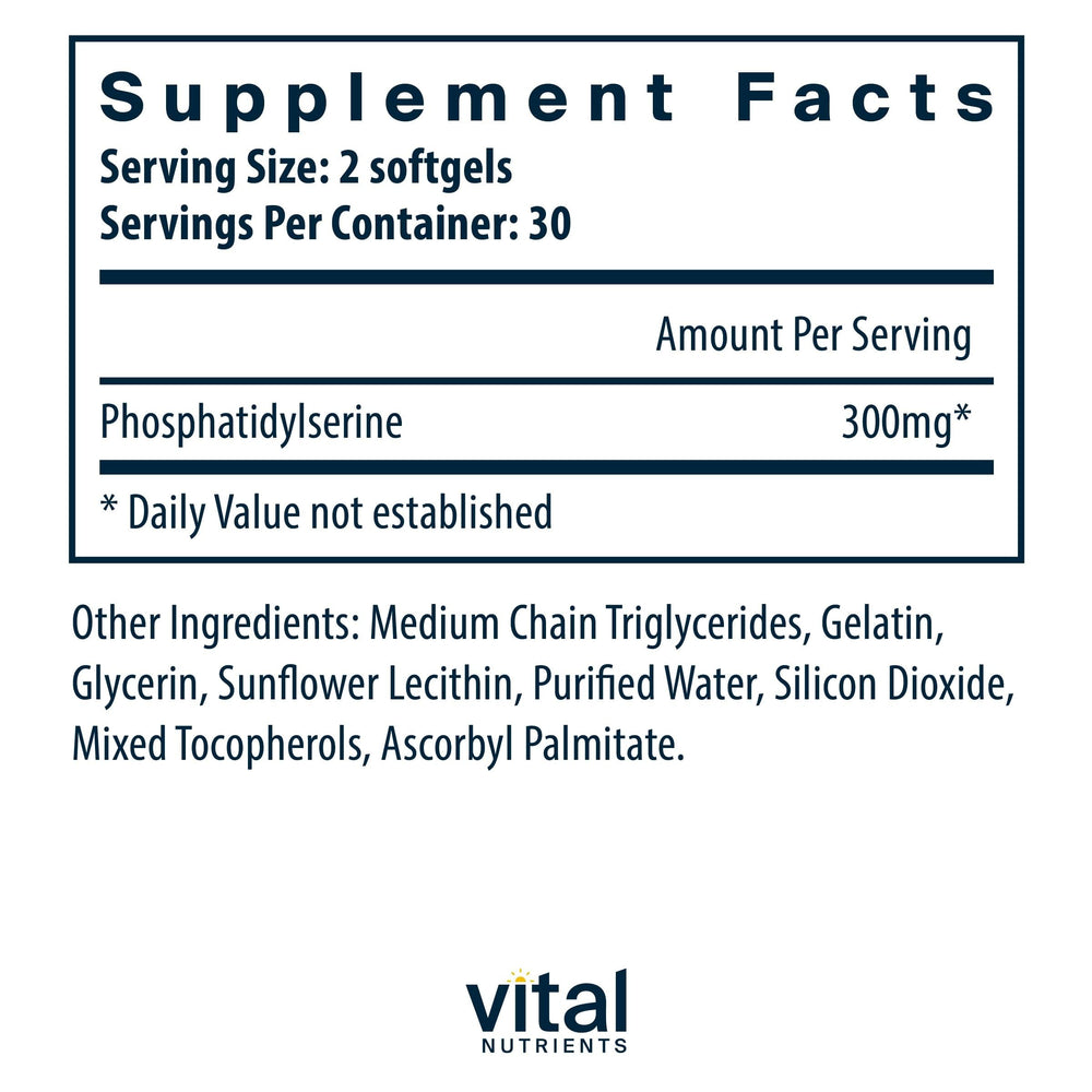 Vital Nutrients Phosphatidylserine bottle back showing ingredients for focus