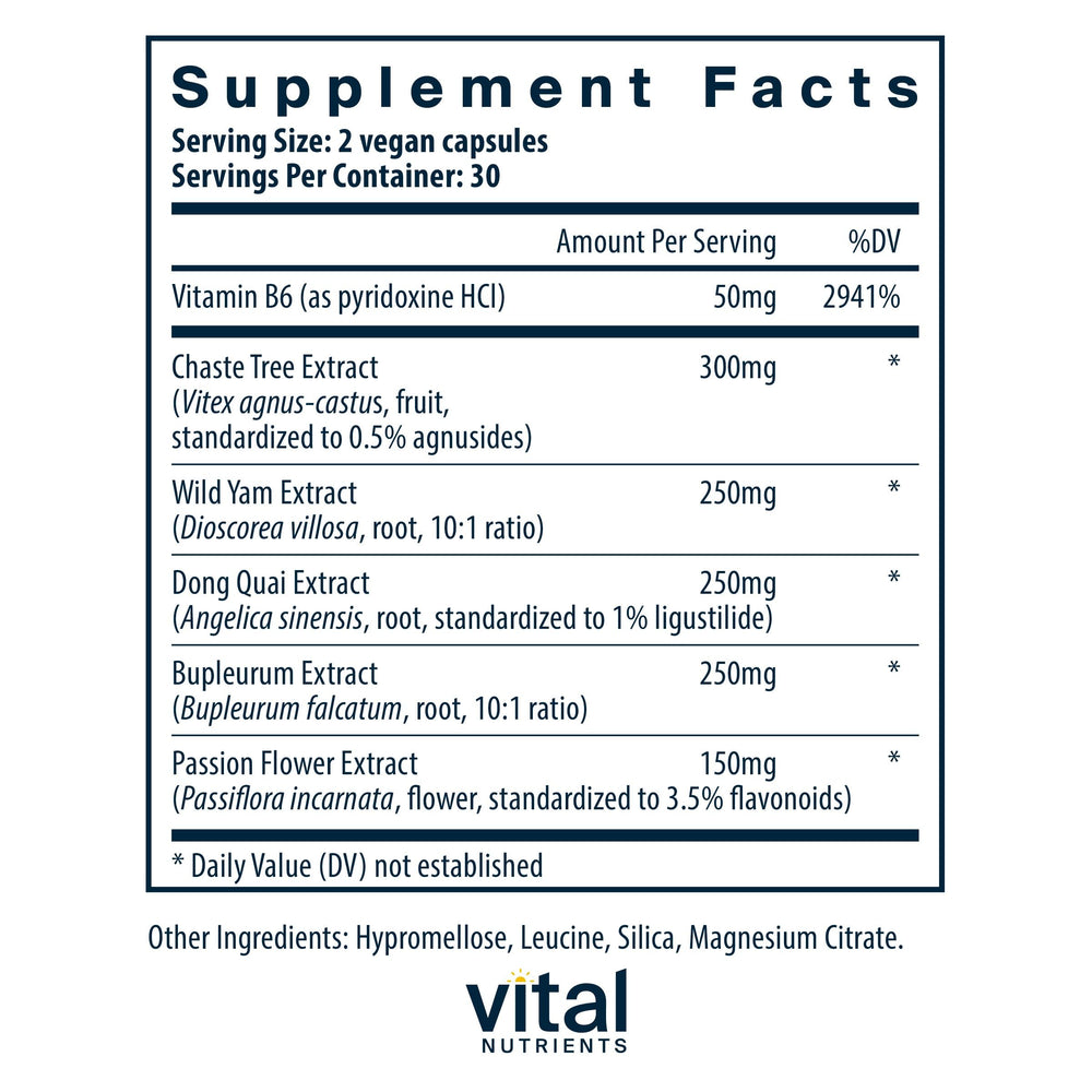 Vital Nutrients PMS Support capsules close-up highlighting Vitex and passionflower for cycle balance