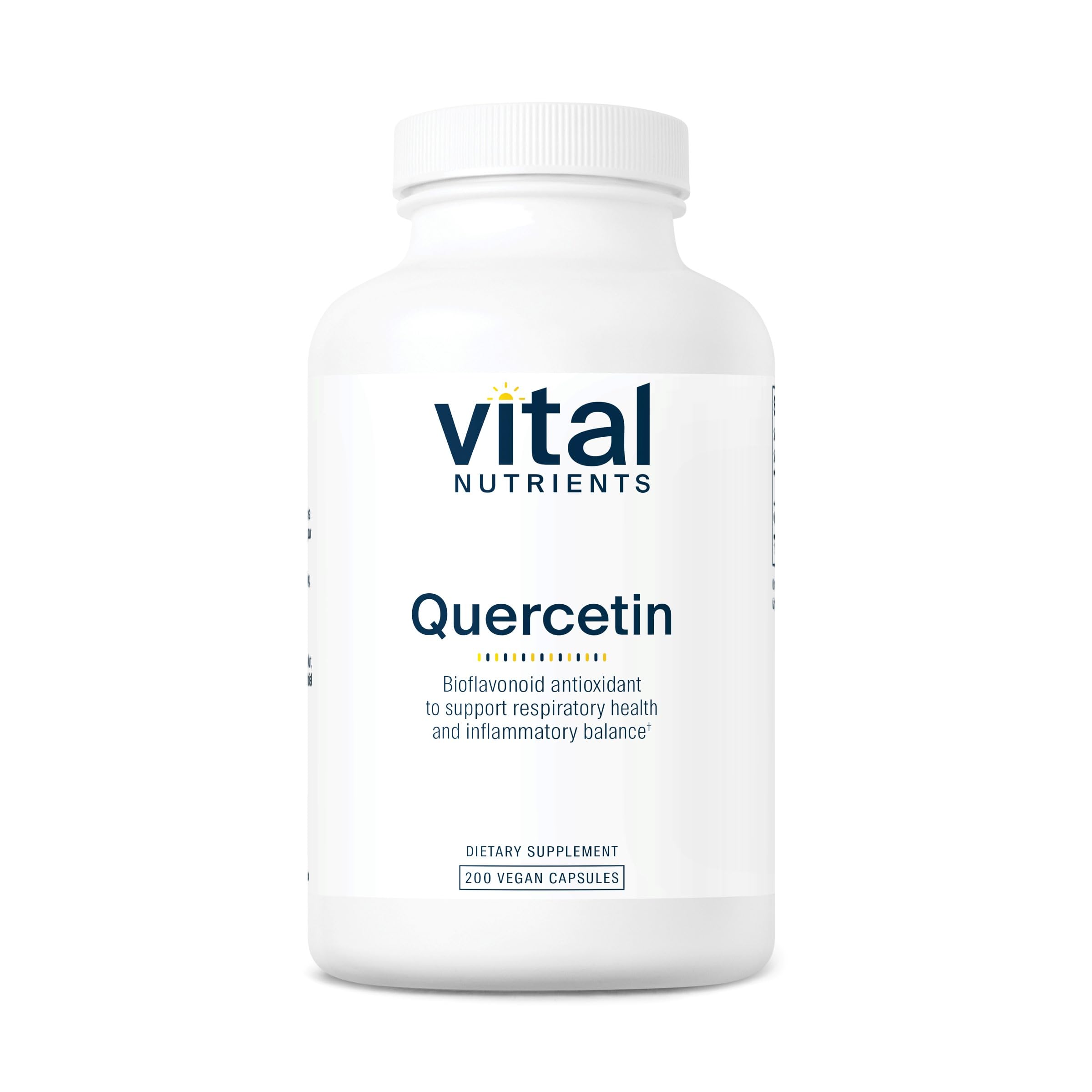 Vital Nutrients Quercetin bottle closeup highlighting vegan formula for immune support.
