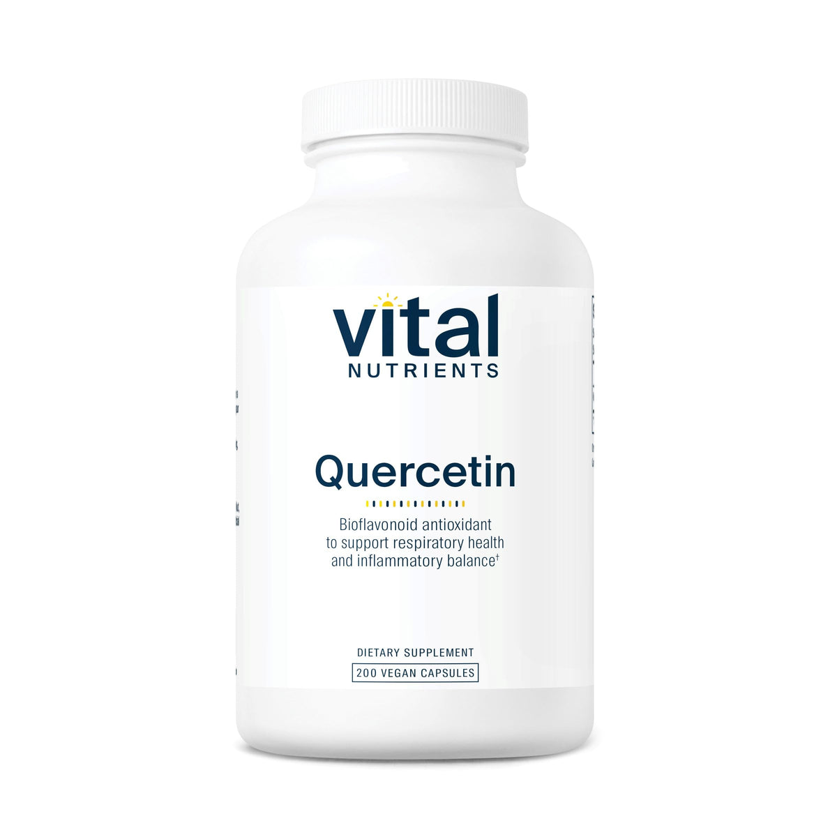 Vital Nutrients Quercetin bottle closeup highlighting vegan formula for immune support.