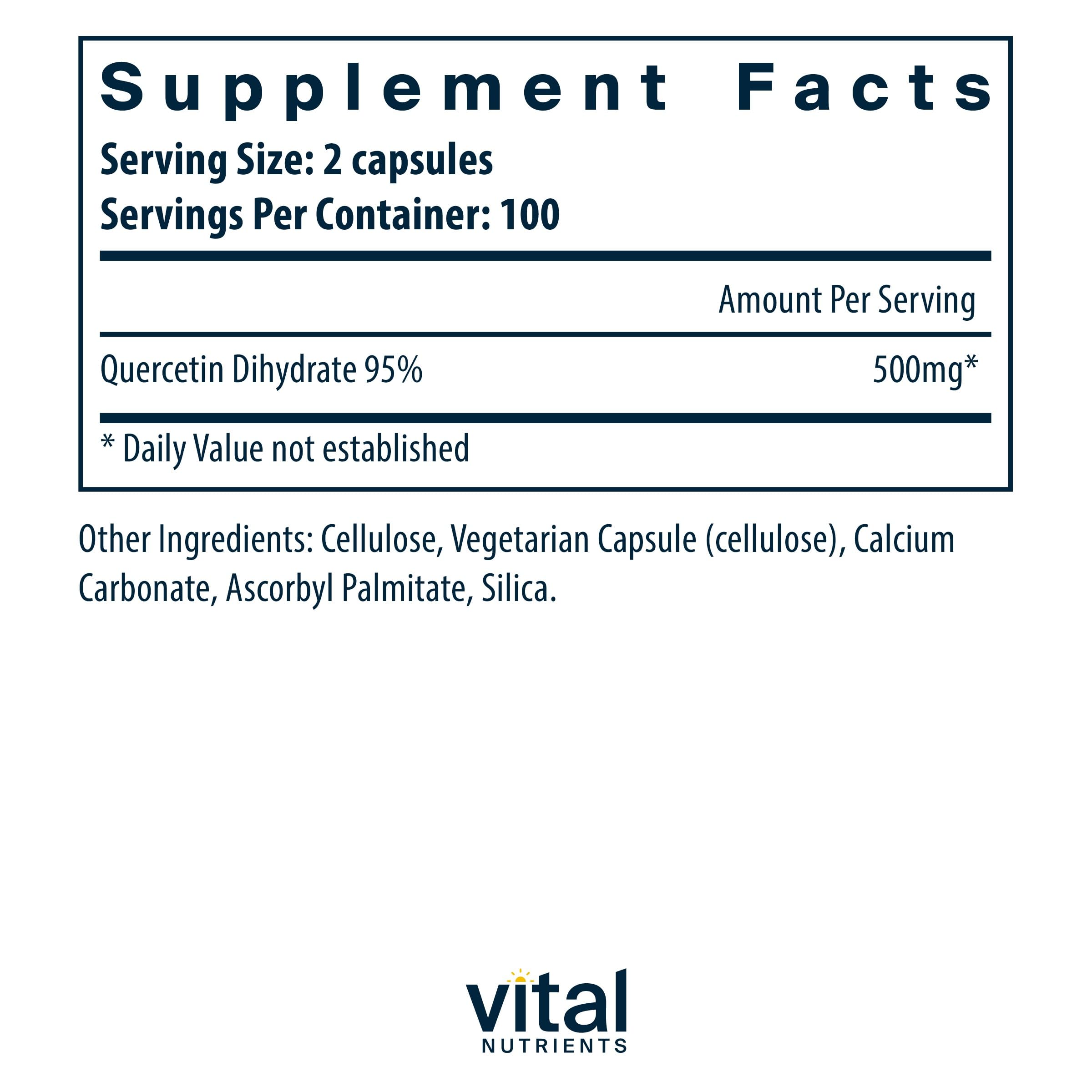 Vital Nutrients Quercetin capsules dispensed for easy daily intake and respiratory comfort.