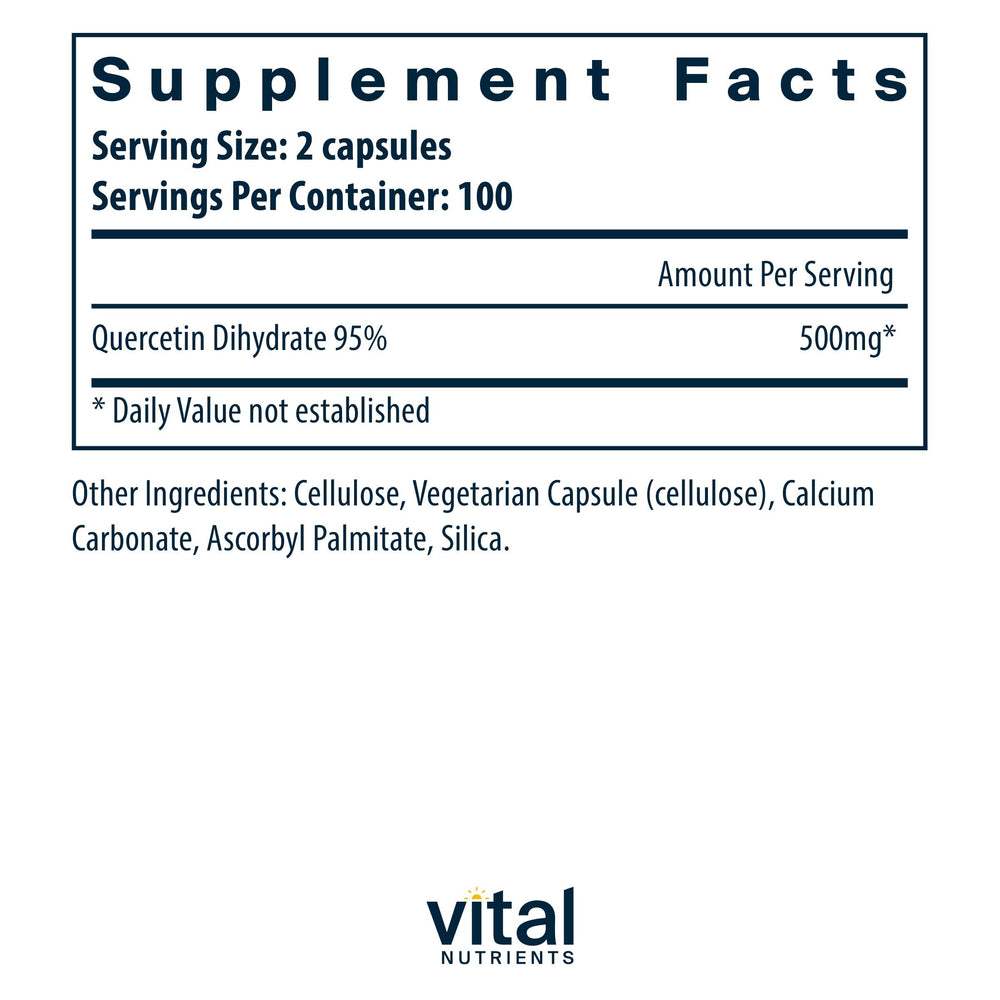 Vital Nutrients Quercetin capsules dispensed for easy daily intake and respiratory comfort.