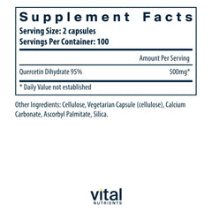 Vital Nutrients Quercetin capsules dispensed for easy daily intake and respiratory comfort.