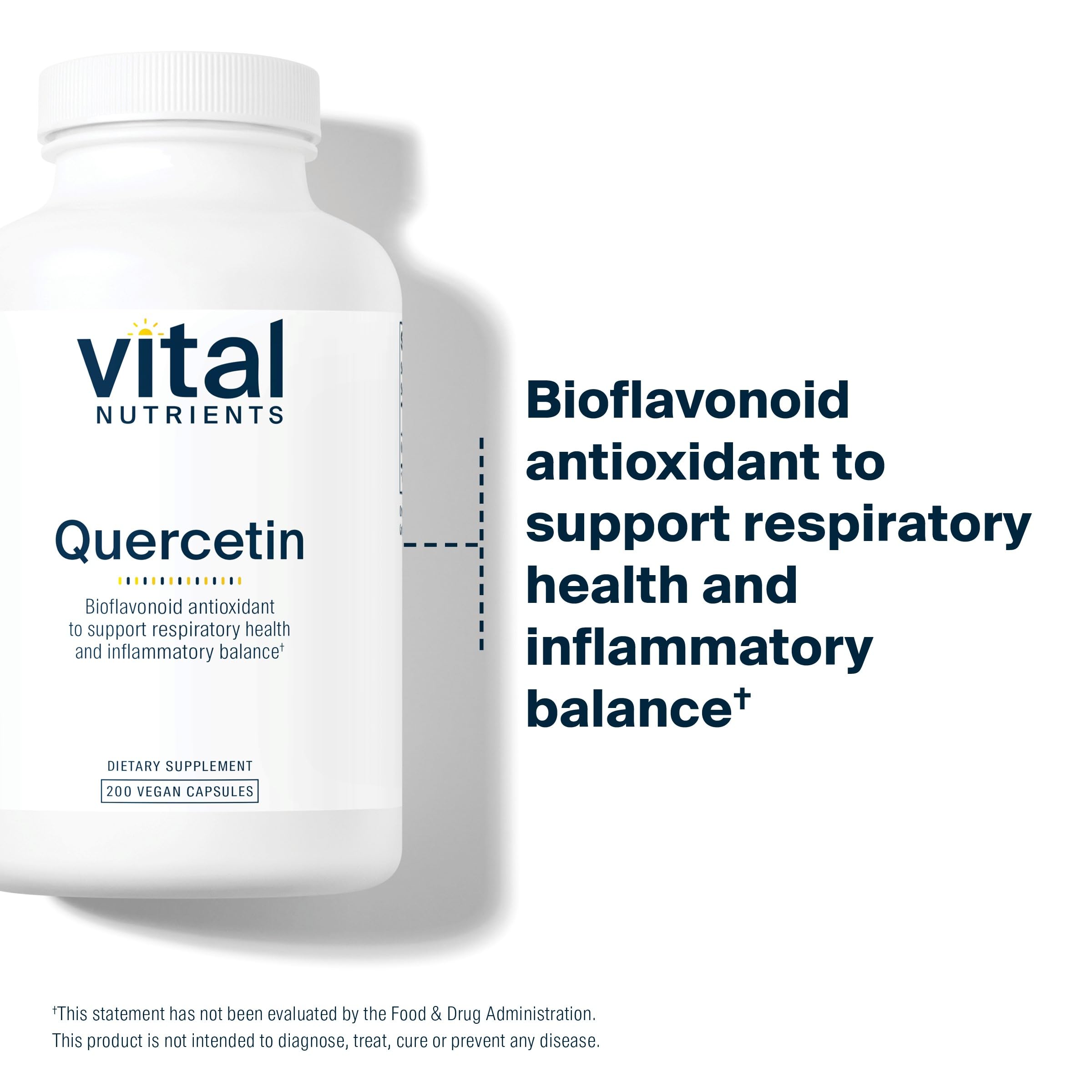 Vital Nutrients Quercetin label closeup showing gluten-free and dairy-free ingredients.