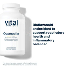 Vital Nutrients Quercetin label closeup showing gluten-free and dairy-free ingredients.