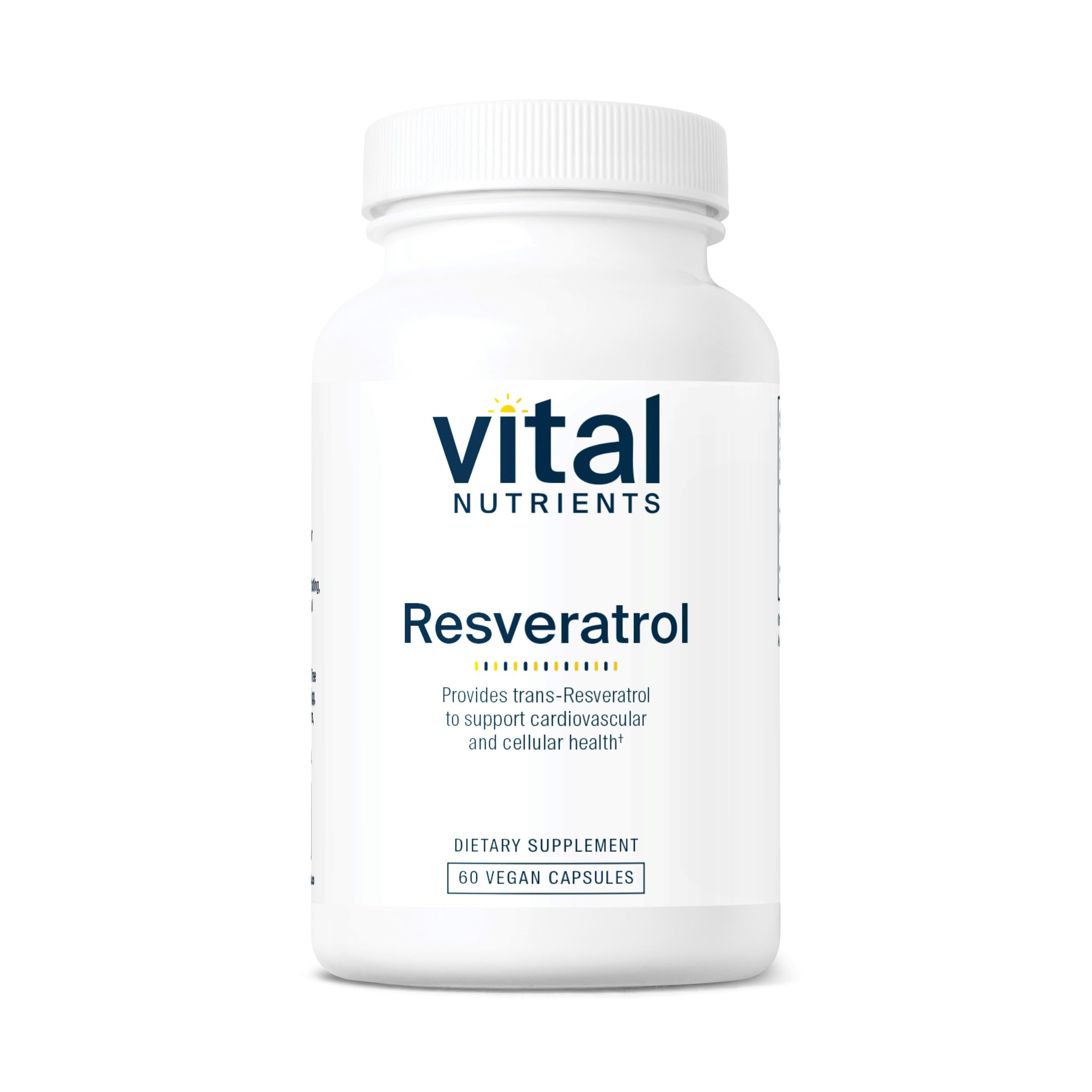 Vital Nutrients Resveratrol bottle label showing 250 mg trans-resveratrol for heart support.