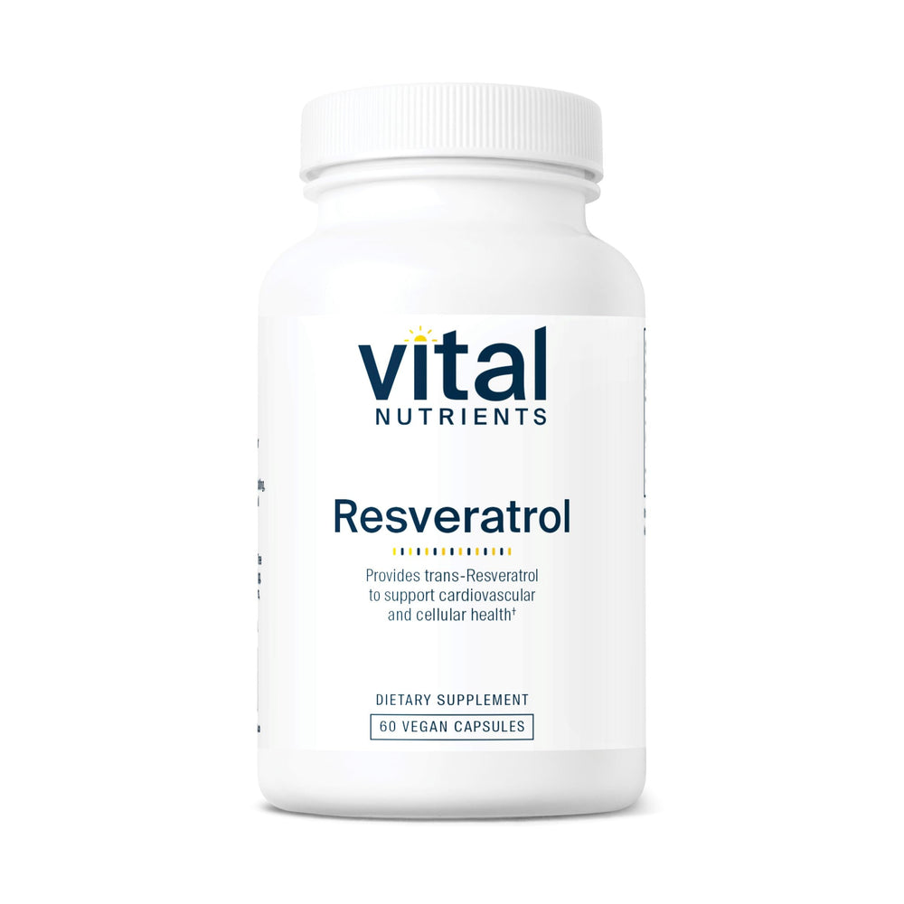 Vital Nutrients Resveratrol bottle label showing 250 mg trans-resveratrol for heart support.