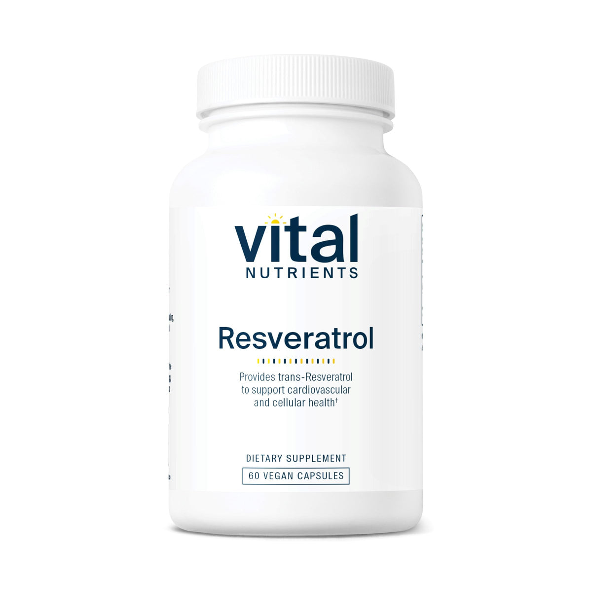 Vital Nutrients Resveratrol bottle label showing 250 mg trans-resveratrol for heart support.