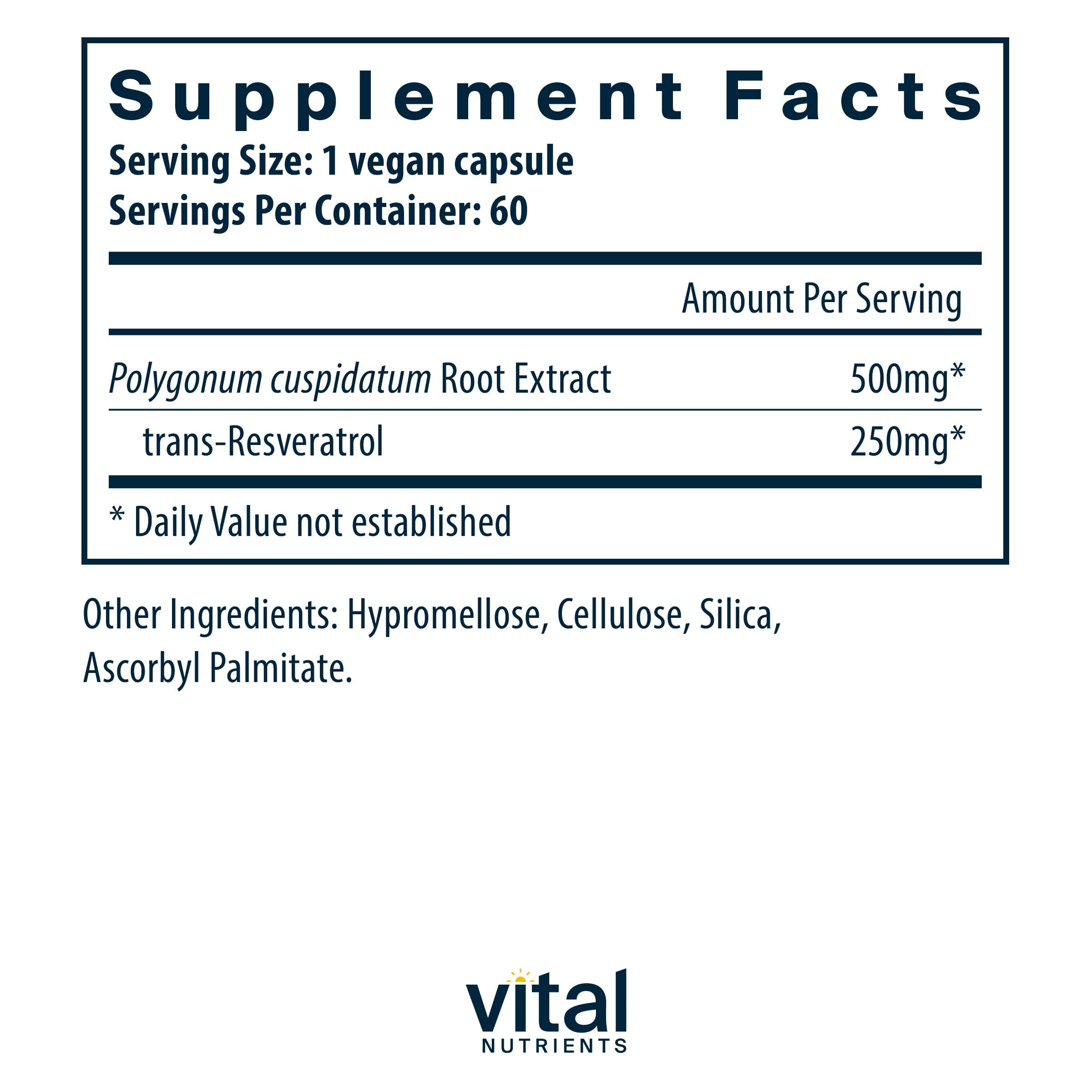 Vital Nutrients Resveratrol capsules close-up highlighting vegan, clean-label formula.