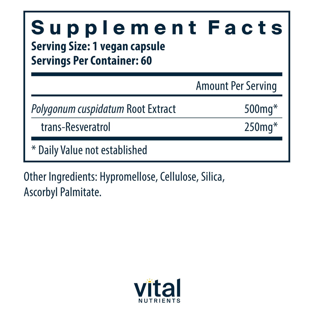 Vital Nutrients Resveratrol capsules close-up highlighting vegan, clean-label formula.