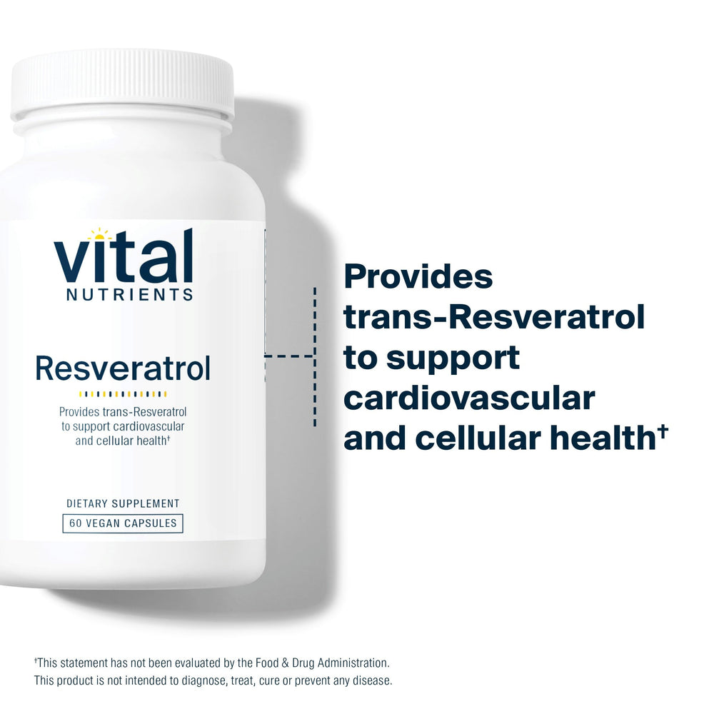 Vital Nutrients Resveratrol ingredients sourced from red grapes and knotweed.