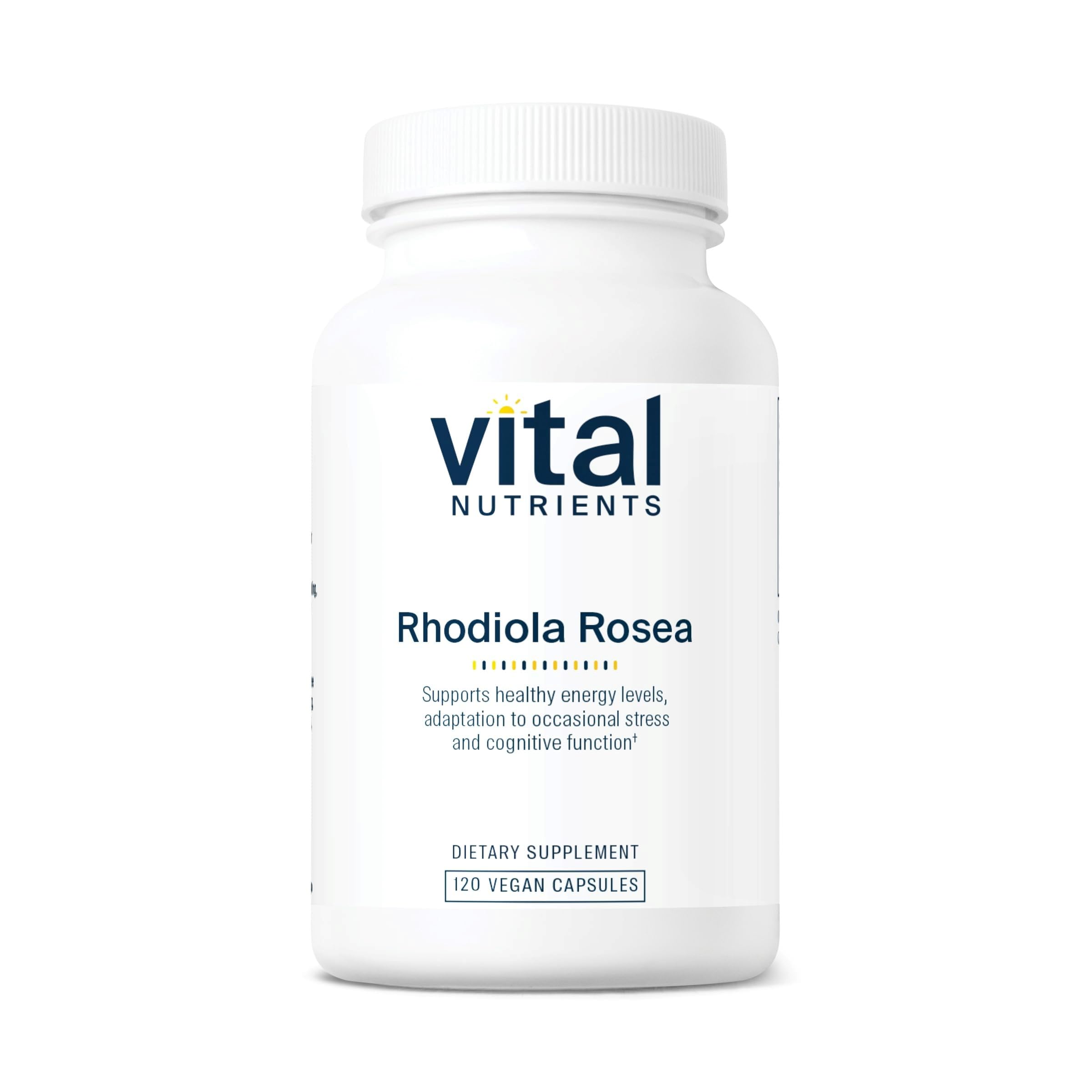 Vital Nutrients Rhodiola Rosea bottle on a desk supports daily energy and focus