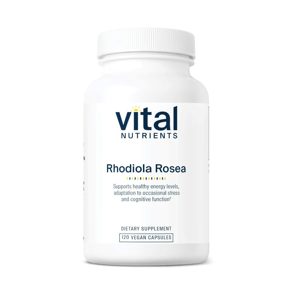 Vital Nutrients Rhodiola Rosea bottle on a desk supports daily energy and focus