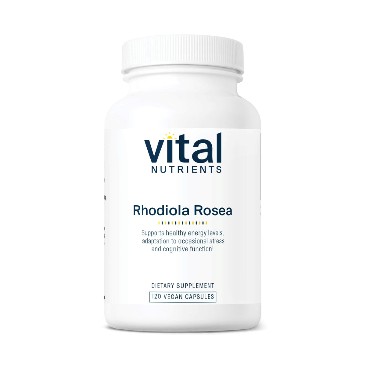Vital Nutrients Rhodiola Rosea bottle on a desk supports daily energy and focus