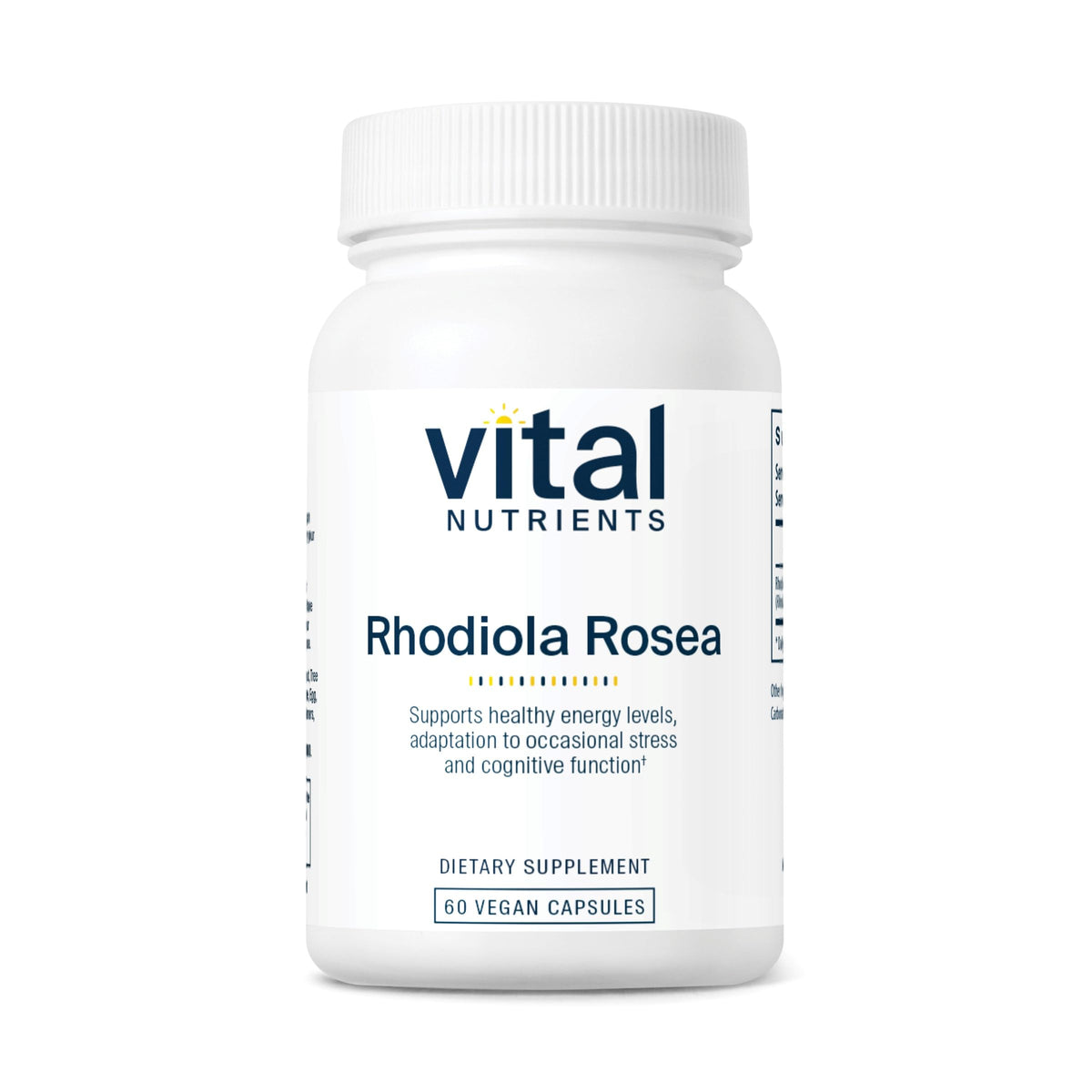 Vital Nutrients Rhodiola Rosea bottle on counter for daily energy.