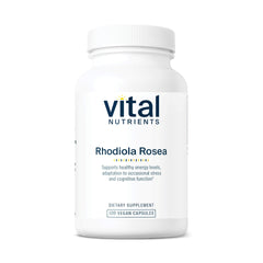 Vital Nutrients Rhodiola Rosea bottle on a desk supports daily energy and focus