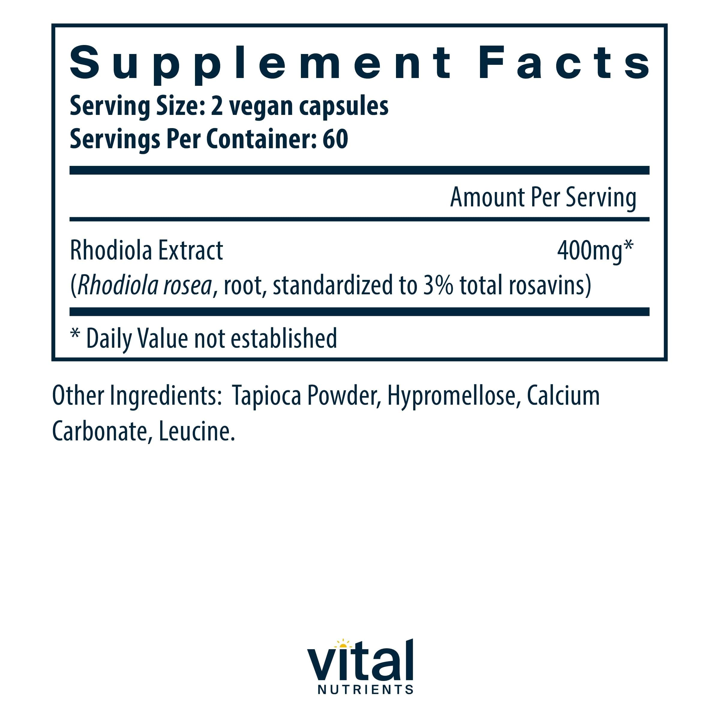 Vital Nutrients Rhodiola Rosea capsules close-up highlights clean vegan formula