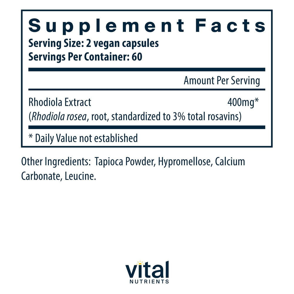 Vital Nutrients Rhodiola Rosea capsules close-up highlights clean vegan formula