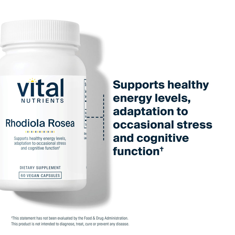 Vital Nutrients Rhodiola Rosea capsules in hand for portability.