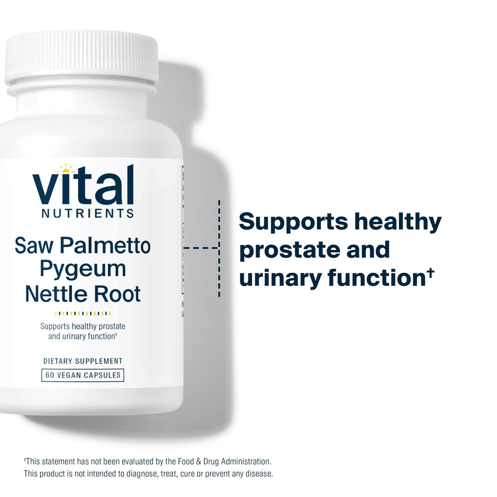 Vital Nutrients ingredients label highlights Saw Palmetto, Pygeum, and Nettle Root.