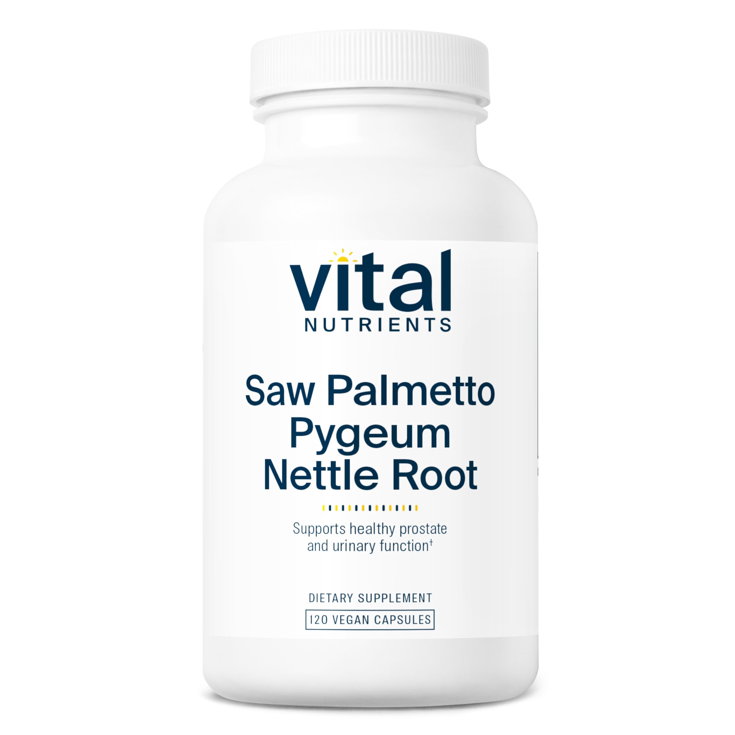 Vital Nutrients Saw Palmetto bottle front highlights vegan formula for daily prostate support.
