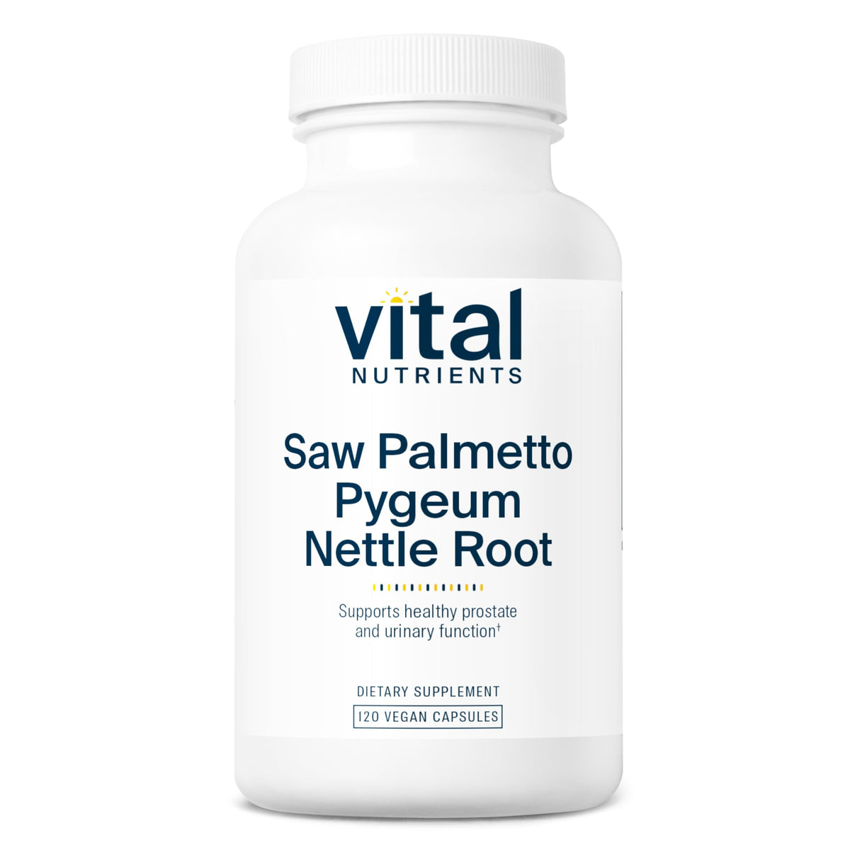 Vital Nutrients Saw Palmetto bottle front highlights vegan formula for daily prostate support.