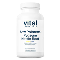 Vital Nutrients Saw Palmetto bottle front highlights vegan formula for daily prostate support.
