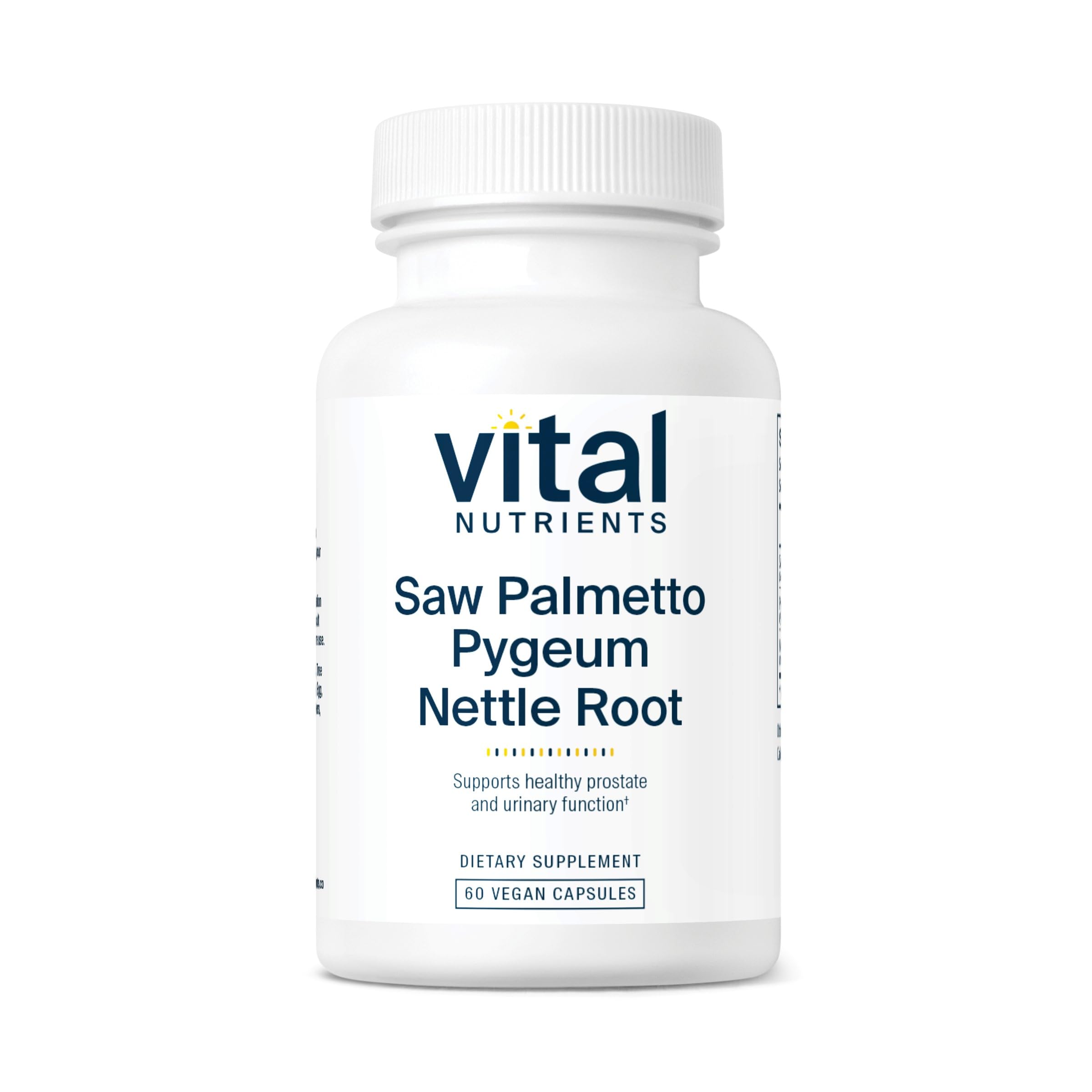 Vital Nutrients bottle with vegan saw palmetto-pygeum-nettle blend for prostate support.
