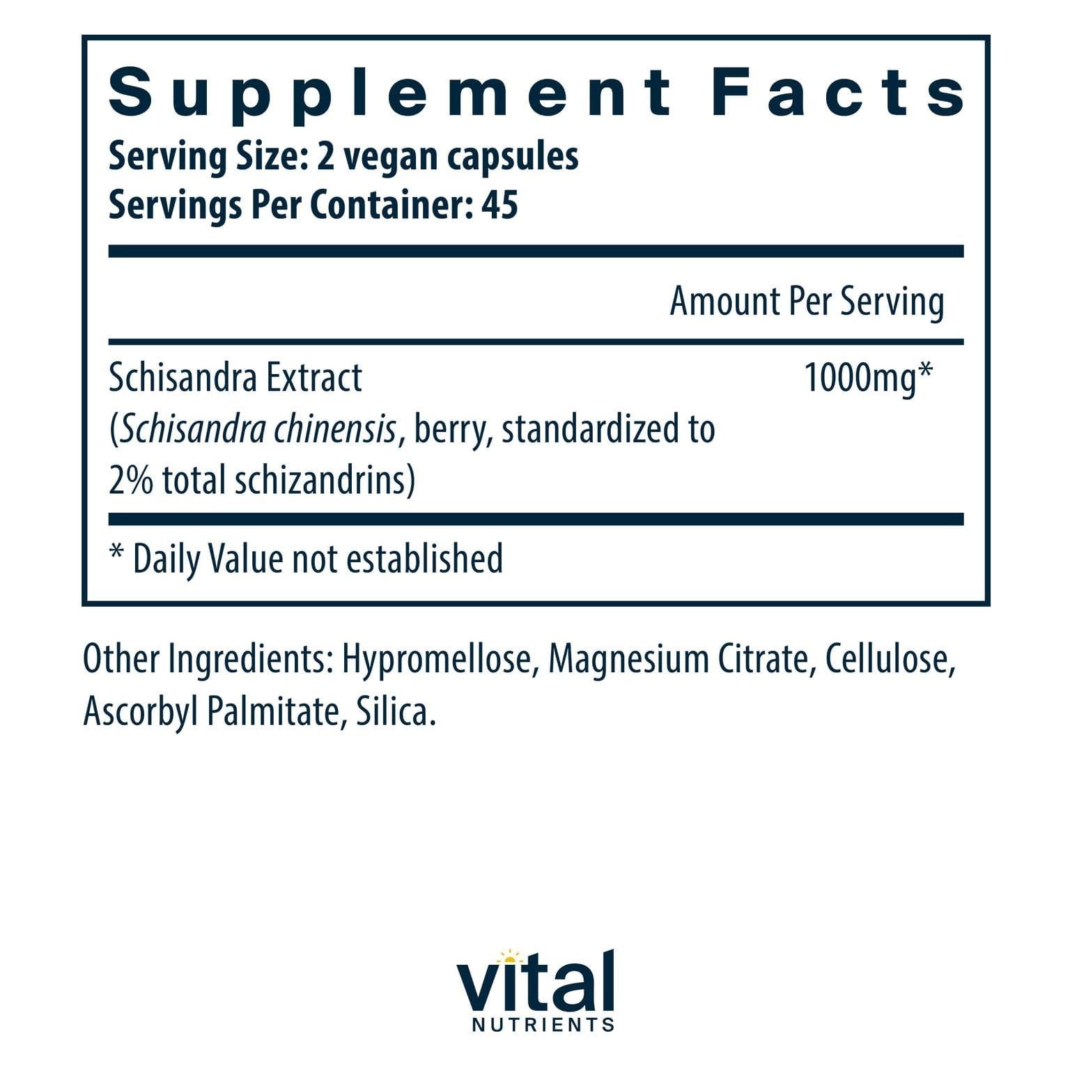Vital Nutrients Schisandra Extract bottle back with supplement details and ingredients