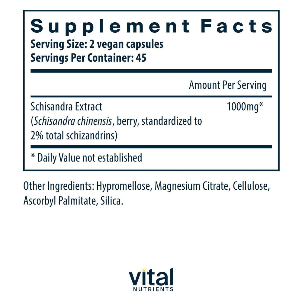 Vital Nutrients Schisandra Extract bottle back with supplement details and ingredients