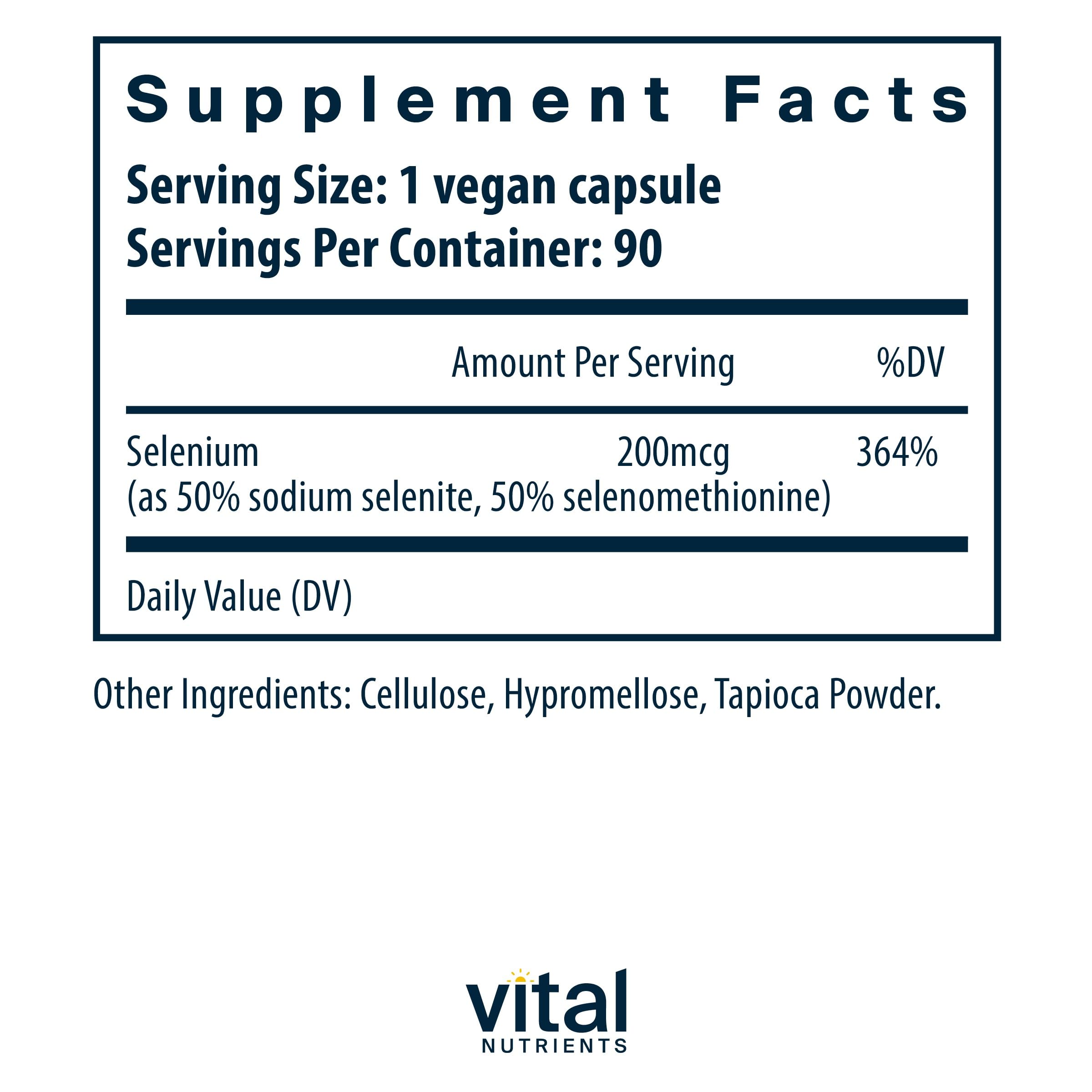 Vital Nutrients Selenium capsules closeup showing compact daily dose