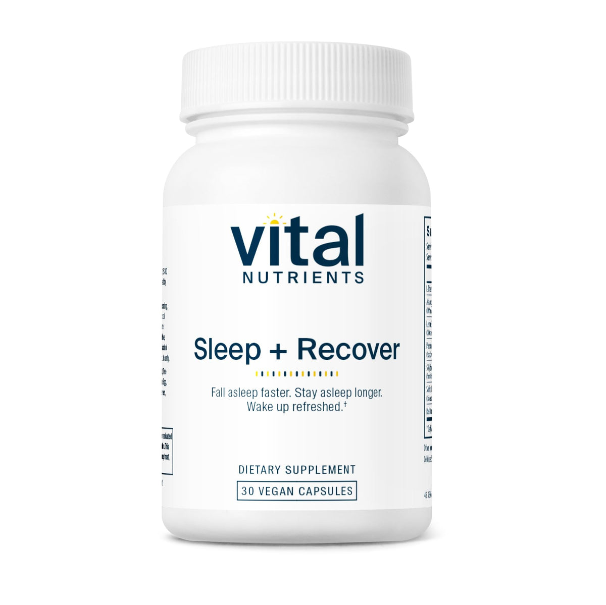 Vital Nutrients Sleep + Recover bottle front showcases vegan sleep support in clean packaging