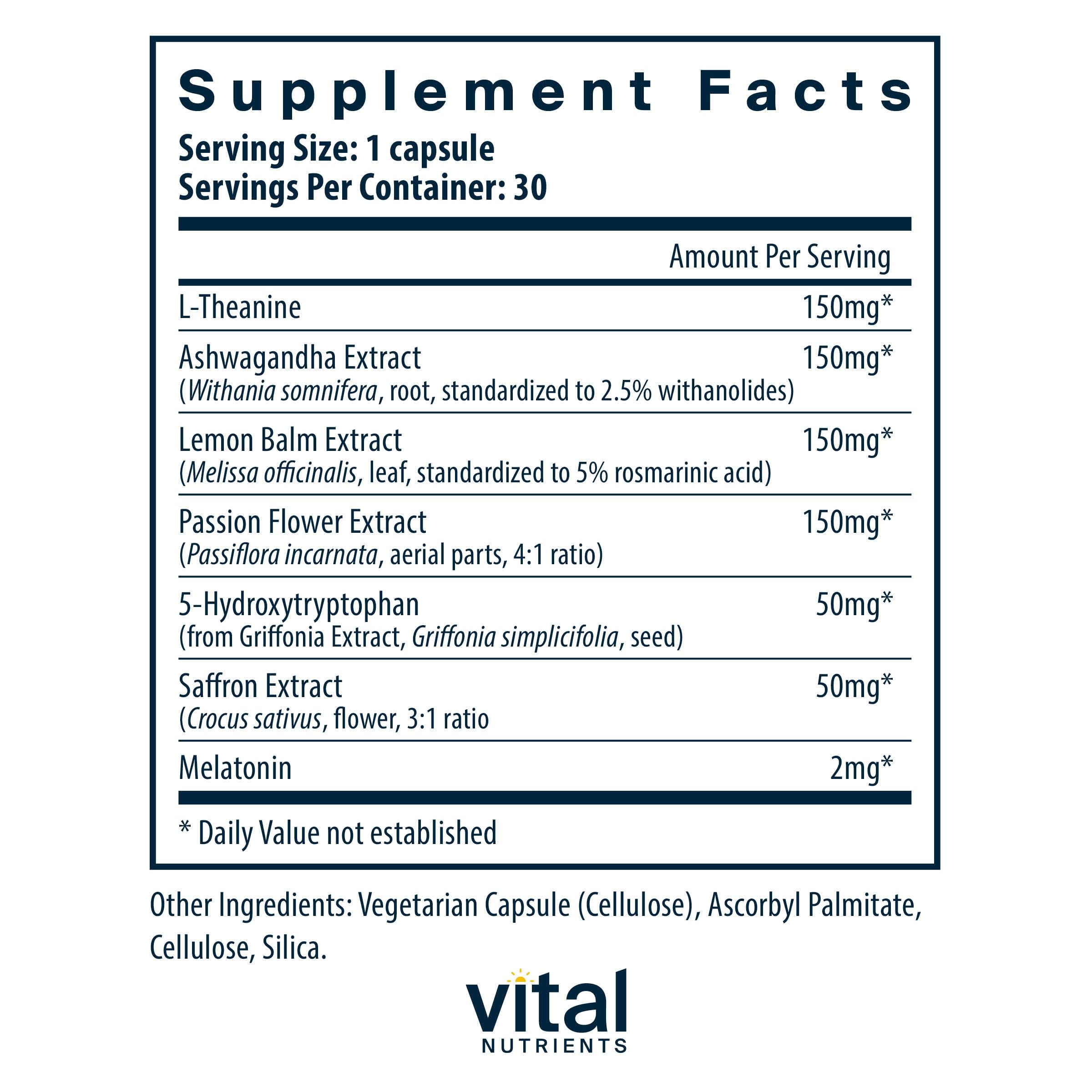 Vital Nutrients Sleep + Recover capsules closeup highlights melatonin and L-theanine ingredients