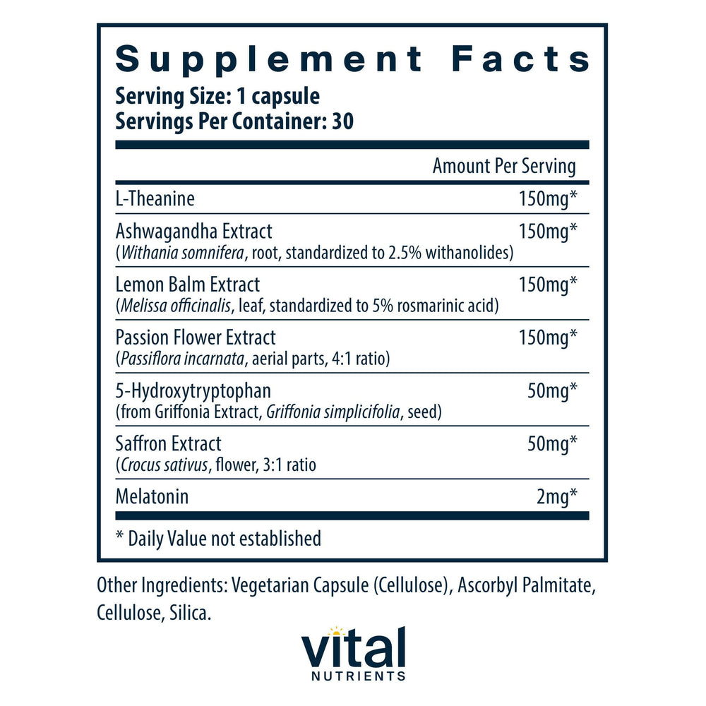 Vital Nutrients Sleep + Recover capsules closeup highlights melatonin and L-theanine ingredients
