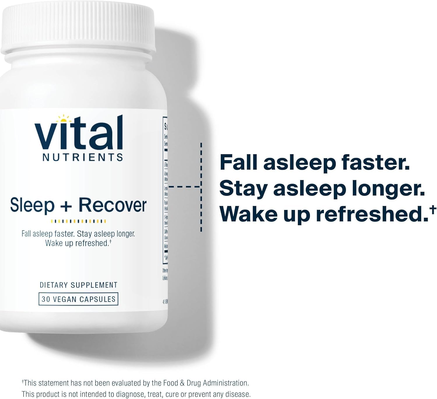 Vital Nutrients Sleep + Recover packaging image emphasizes allergen-free vegan formula