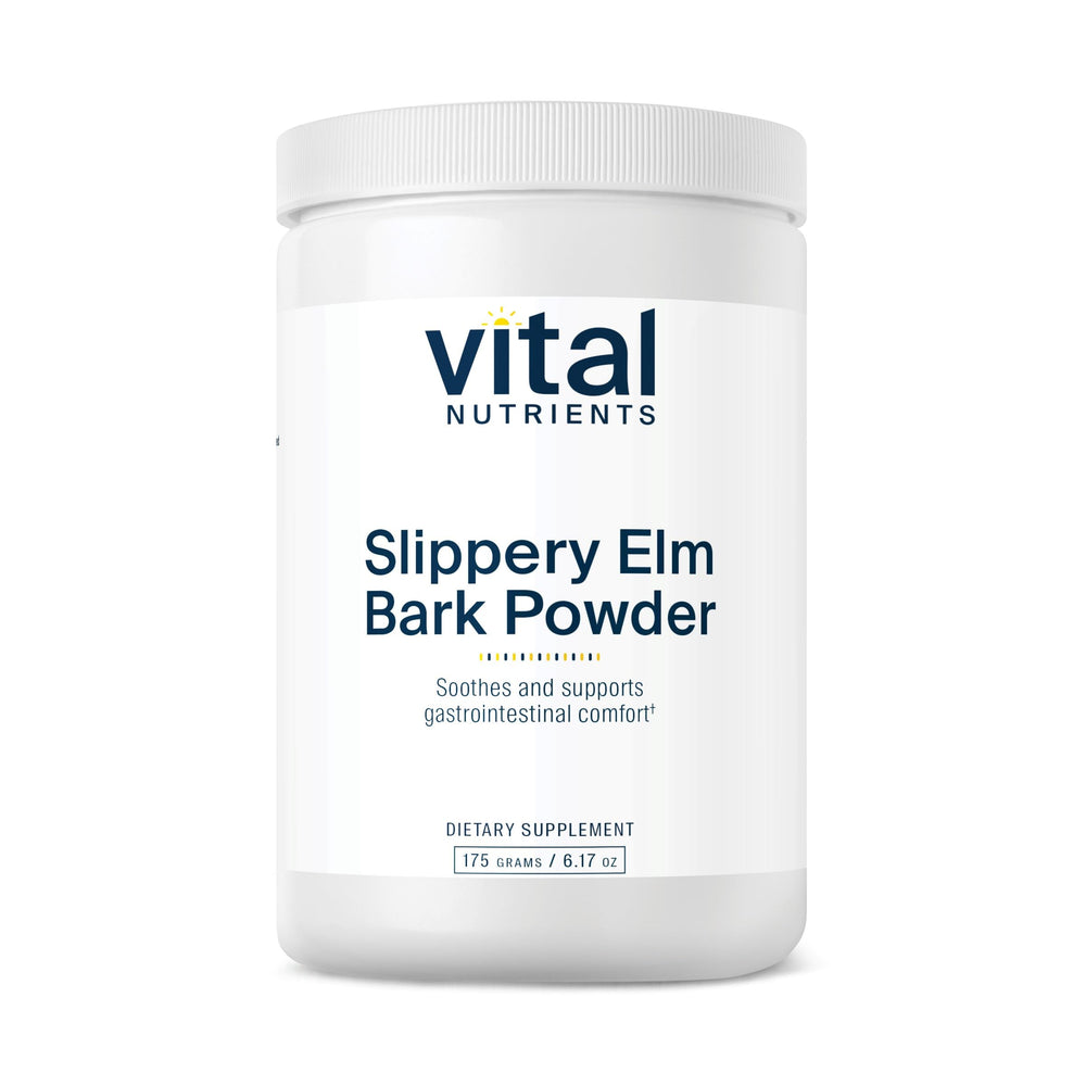 Vital Nutrients Slippery Elm Bark Powder bottle for gut comfort and vegan GI support.