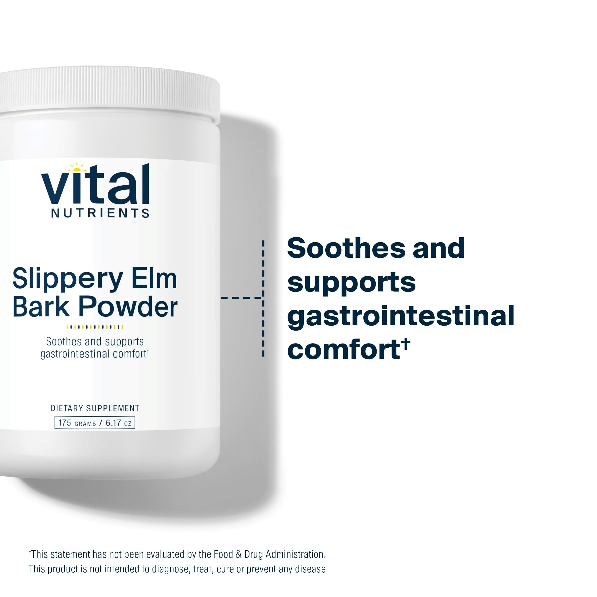 Slippery Elm Bark Powder in sealed packaging emphasizing gluten-free and non-GMO.