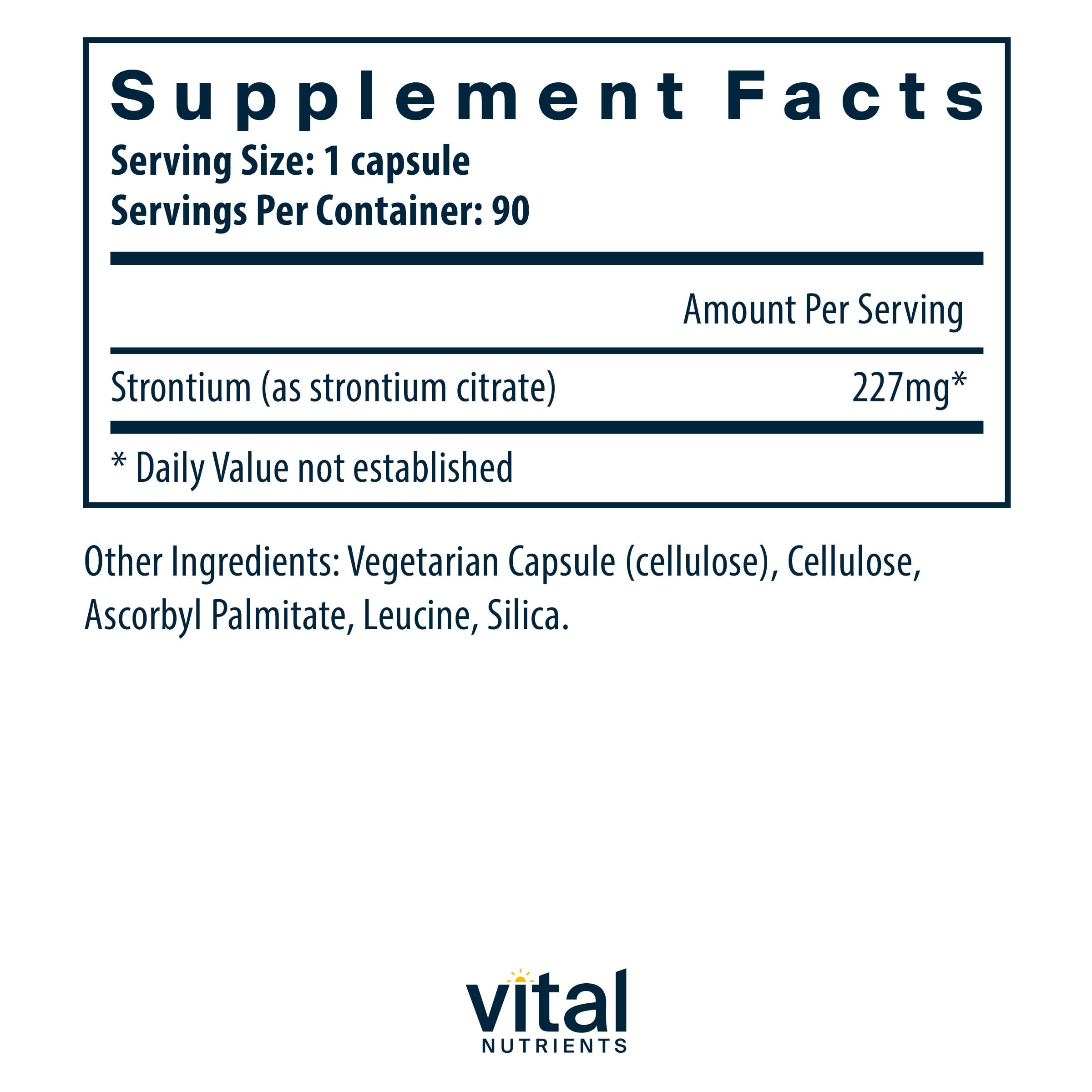 Close-up of the Vital Nutrients Strontium Citrate label showing 227mg per capsule for dosing clarity.