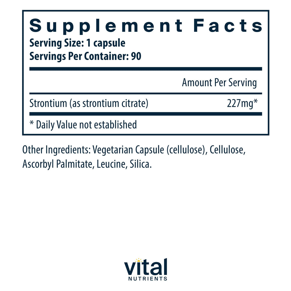 Close-up of the Vital Nutrients Strontium Citrate label showing 227mg per capsule for dosing clarity.