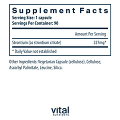 Close-up of the Vital Nutrients Strontium Citrate label showing 227mg per capsule for dosing clarity.